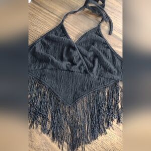 NWOT Black Fringe Halter Crop Top